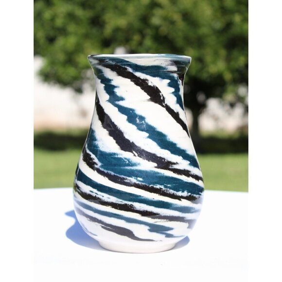 Ceramic Porcelain Marbled Blue and Black Vase Art Studio Pottery Signed - Picture 8 of 9
